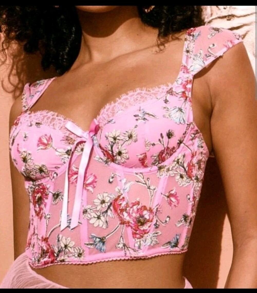 Dream Angel long line embroidered Bustier bra top NWT XL Pink Floral Not Padded